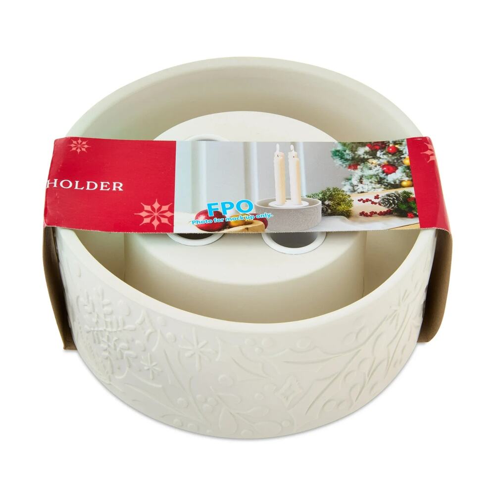 Holiday Time White Ceramic Christmas 4-Taper Candle Holder, 7" x 3" Holly/Snow